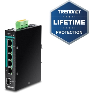 Picture of TRENDnet 5-Port Hardened Industrial Gigabit PoE+ DIN-Rail Switch, 120W Power Budget, 1 x SFP Slot, IP30 Rated, Unmanaged Switch, Gigabit PoE+ Network Switch, Lifetime Protection, Black, TI-PG541