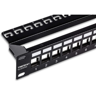 Picture of TRENDnet 24-Port Blank Keystone Shielded 1U Patch Panel, 1U 19" Rackmount Housing, Protects Against EMI/RFI Noise, Recommended With TC-K06C6A Cat6A Keystone Jacks (Sold Separately), Black, TC-KP24S