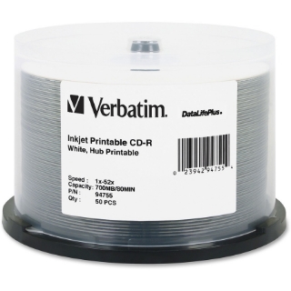 Picture of Verbatim CD-R 700MB 52X DataLifePlus White Inkjet Printable, Hub Printable - 50pk Spindle