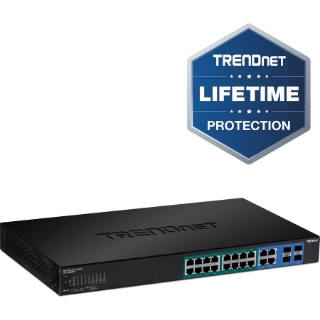 Picture of TRENDnet 20-Port Gigabit Web Smart 370W PoE+ Switch; TPE-1620WSF; 16 Gigabit PoE+ Ports; 4 Shared Gigabit Ports(RJ-45 or SFP); 370W PoE Budget;Managed PoE+ Ethernet Network Switch; Lifetime Protection