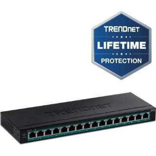 Picture of TRENDnet 16-Port Gigabit PoE+ Switch; TPE-TG160H; 123W PoE Power Budget; 32 Gbps Switching Capacity; Desktop Switch; Ethernet Network Switch; Metal; 1U 10" Rack Mountable; Lifetime Protection