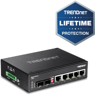 Picture of TRENDnet 6-Port Hardened Industrial Gigabit DIN-Rail Switch, 12 Gbps Switching Capacity, IP30 Rated Metal Housing (-40 to 167 ?F),DIN-Rail & Wall Mounts Included, Lifetime Protection, Black, TI-G62