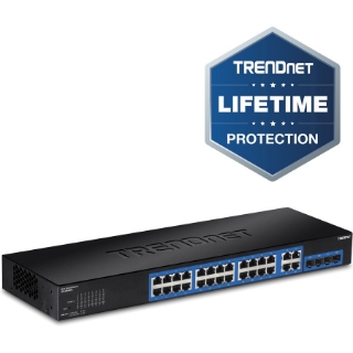 Picture of TRENDnet 28-Port Gigabit Web Smart Switch; 24 x Gigabit Ports; 4 x Shared Gigabit Ports (RJ-45/SFP); VLAN; QoS; LACP; IPv6; 56Gbps Switching Capacity; Lifetime Protection; TEG-284WS