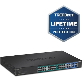 Picture of TRENDnet 28-Port Gigabit Web Smart PoE+ Switch, 24 x Gigabit Ports, 4 x Shared Gigabit Ports (RJ-45 or SFP), 185W PoE Budget, 56Gbps Switching Capacity, Lifetime Protection, Black, TPE-2840WS