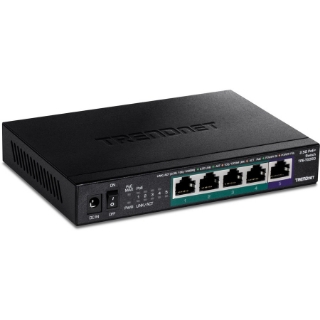 Picture of TRENDnet 5-Port Unmanaged 2.5G PoE+ Switch, Fanless, Compact Desktop Design, Metal Housing, 2.5GBASE-T Ports, IEEE 802.3bz, 55W PoE Budget, Life protection, Black, TPE-TG350