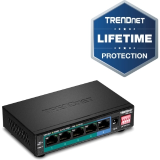 Picture of TRENDnet 5-Port Gigabit Long Range PoE+ Switch, 4 x Gigabit PoE+ Ports, 1 x Gigabit Port, 32W PoE Budget, 10Gbps Switching Capacity, Extends PoE+ 200m (656 ft), Lifetime Protection, Black, TPE-LG50