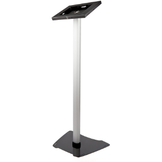 Picture of StarTech.com Secure Tablet Floor Stand - Security lock protects your tablet from theft and tampering - Supports iPad and other 9.7" tablets - Fixed Height of approx. 42" (1060 mm) - Built-in cable management - Covered Home button - TAA compliant - Thread the tablet's charge cable through the pillar-style stand