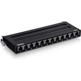 Picture of TRENDnet 12-Port Cat6A Shielded Patch Panel, 10G Ready, Cat5e,Cat6,Cat6A Compatible, Metal Housing, Color-Coded Labeling For T568A And T568B Wiring, Cable Management, Wall Mountable, Black, TC-P12C6AS