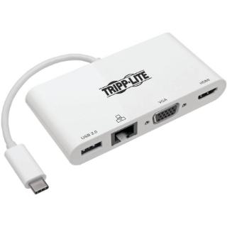 Picture of Tripp Lite USB C Docking Station Adapter 4K w/ HDMI, VGA, Gigabit Ethernet, USB-A Hub White, Thunderbolt 3 Compatible