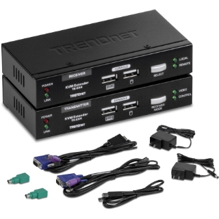 Picture of TRENDnet KVM Extension Kit, Extend Keyboard/Video/Mouse Controls, up to 100 Meters (328 ft.), Hot-Keys, Transmitter, Receiver, PS/2, VGA, TK-EX4