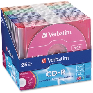 Picture of Verbatim CD-R 700MB 52X with Color Branded Surface - 25pk Slim Case, Assorted