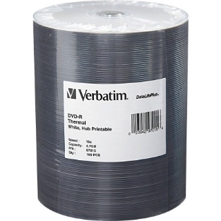 Picture of Verbatim DVD-R 4.7GB 16X DataLifePlus White Thermal Printable, Hub Printable - 100Pk Tape Wrap
