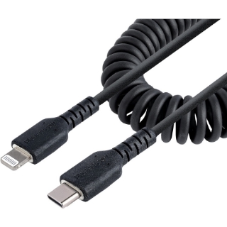 Picture of StarTech.com USB C to Lightning Cable 50cm / 20in, MFi Certified, Coiled iPhone Charger Cable, Black, TPE Jacket Aramid Fiber