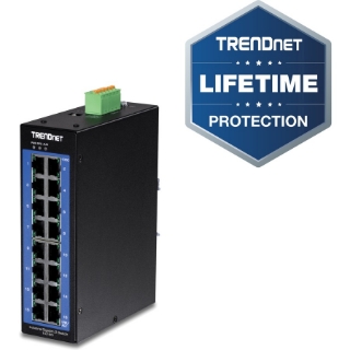 Picture of TRENDnet 16-Port Industrial Gigabit L2 Managed DIN-Rail Switch, Layer 2 Switch, 16 x Gigabit Ports, 32Gbps Switching Capacity, Extreme Temperature Gigabit Switch, Lifetime Protection, Black, TI-G160i