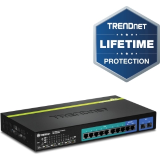 Picture of TRENDnet 10-Port Gigabit Web Smart PoE+ Switch, 8 x PoE+ Gigabit Ports, 2 x Gigabit Ethernet Ports, 2 x Shared SFP Slots, 75W Total Power Budget, Rack Mountable, Lifetime Protection, Black, TPE-1020WS