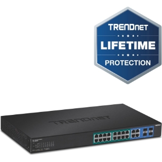 Picture of TRENDnet 20-Port Gigabit PoE+ Web Smart PoE+ Switch, 16 x Gigabit PoE+ Ports, 4 x Shared Gigabit Ports, Up To 30W Per Port, 185W Total Power Budget, Rack Mountable, Black, TPE-1620WS