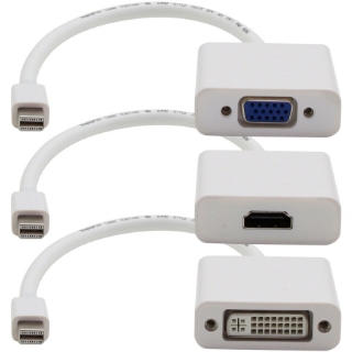 Picture of 3PK Mini-DisplayPort 1.1 Male to DVI, HDMI, VGA Female White Adapters Which Comes in a Bundle For Resolution Up to 1920x1200 (WUXGA)